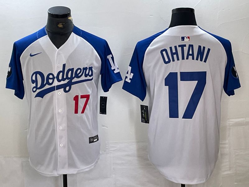 Men Los Angeles Dodgers #17 Ohtani White blue Fashion Nike Game MLB Jersey style 3->->
